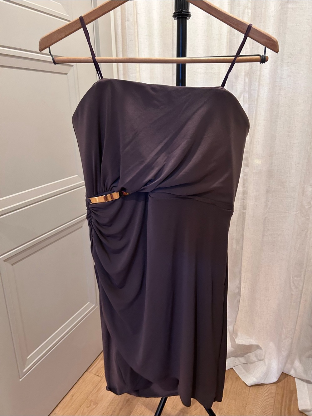 Strapless Charcoal Evening Dress with Gold Accent